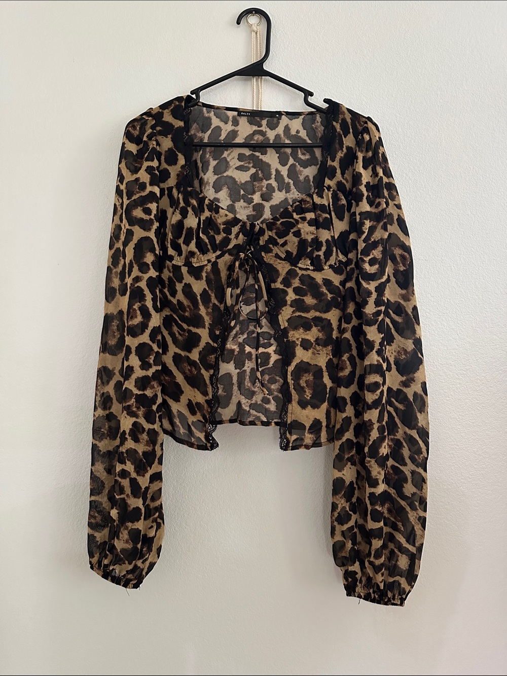 Leopard Print Sheer Tie-Front Blouse - Brown/Black